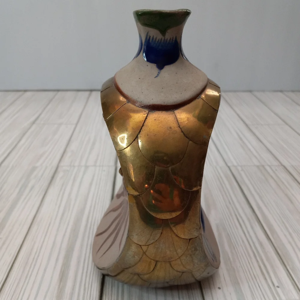 Vintage Mexican Tonala Hand Painted Pottery Sun & Moon Folk Art Brass Vase